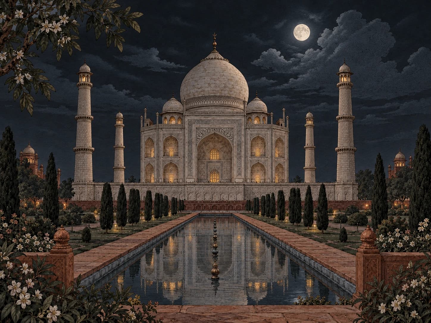 Vintage illustration of the Taj Mahal in Agra with its minarets, cypress gardens and reflecting pool.