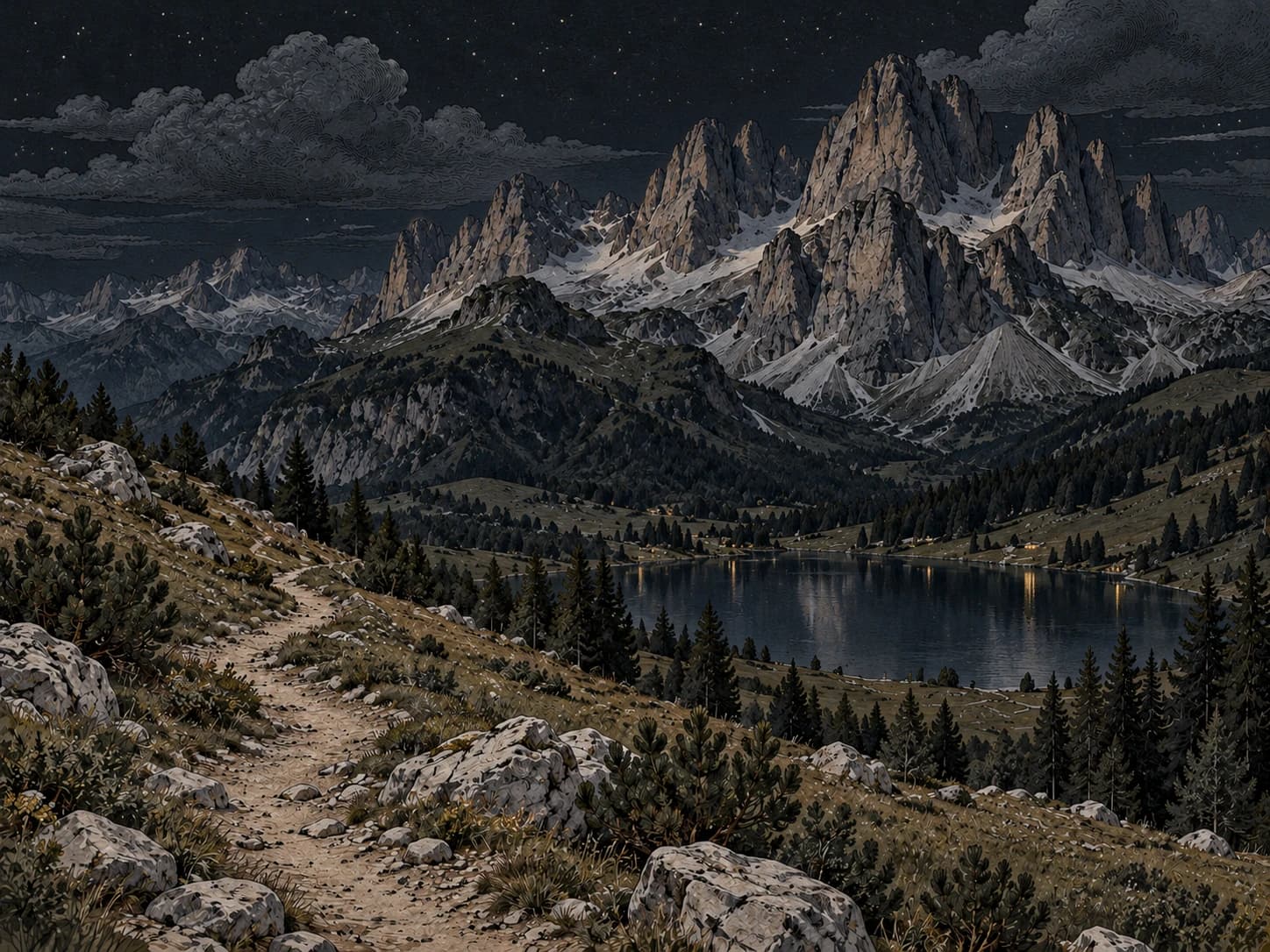 Vintage illustration of jagged alpine peaks, a mountain lake and a winding trail through pine-covered hills.