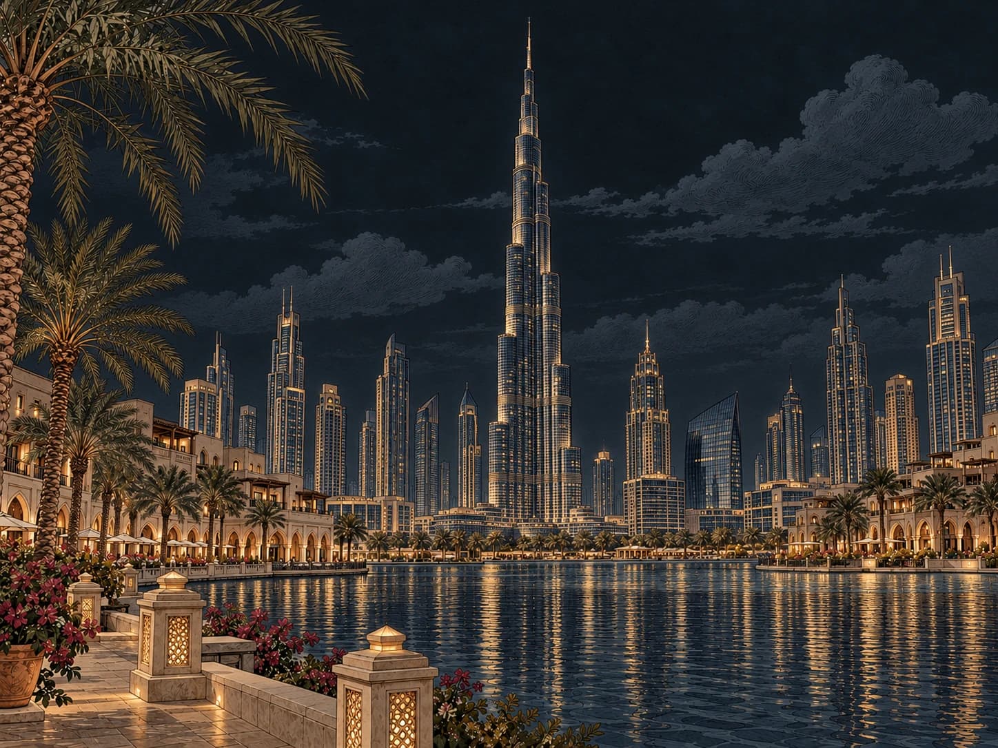Vintage illustration of the Burj Khalifa and Dubai's skyline reflected in a calm waterfront pool.
