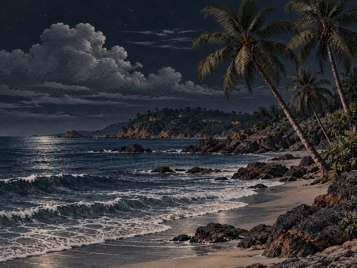 Vintage illustration of a palm-lined Goa beach with gentle waves, coastal rocks and a distant headland.