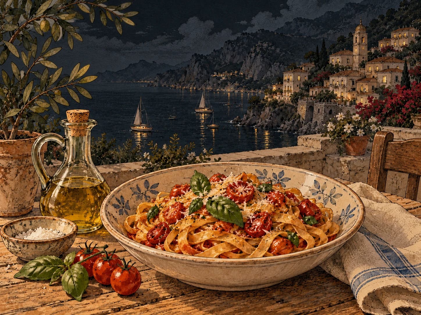 Vintage illustration of tomato and basil tagliatelle on a ceramic plate overlooking an Italian coastal village.