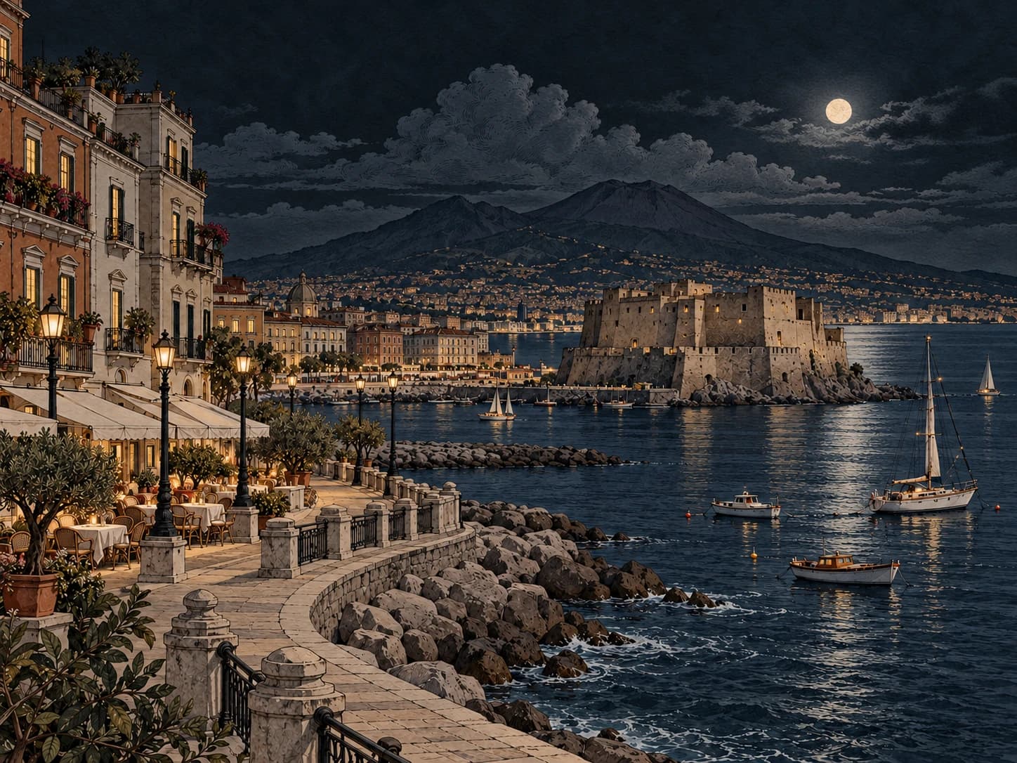 Vintage illustration of Naples' waterfront promenade, Castel dell'Ovo and Mount Vesuvius across the bay.
