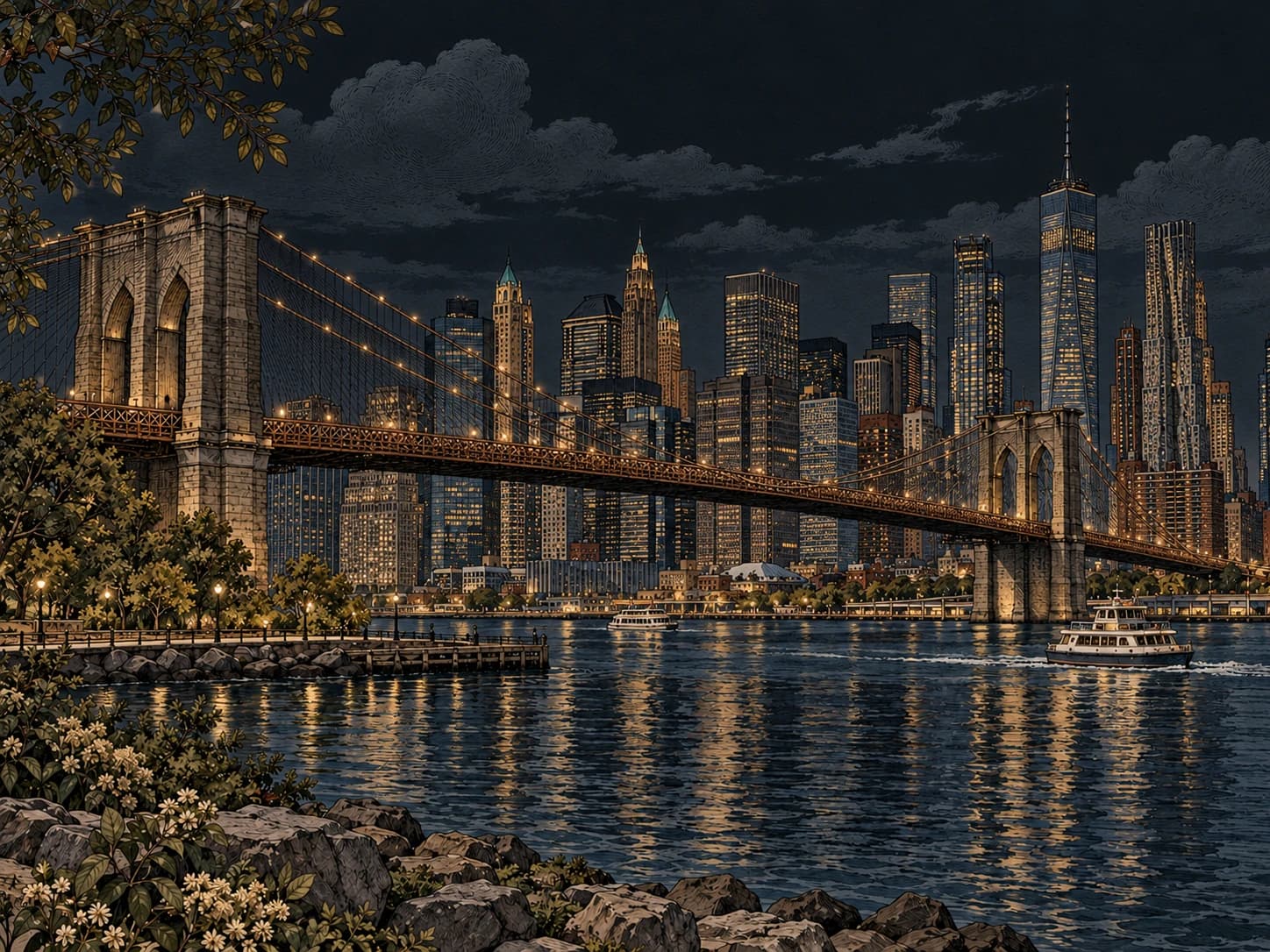 Vintage illustration of Brooklyn Bridge and the Manhattan skyline across New York's East River.