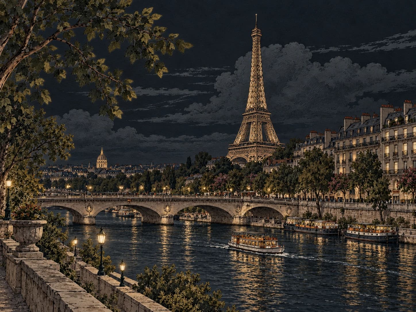 Vintage illustration of the Eiffel Tower, a stone bridge and boats on the River Seine in Paris.