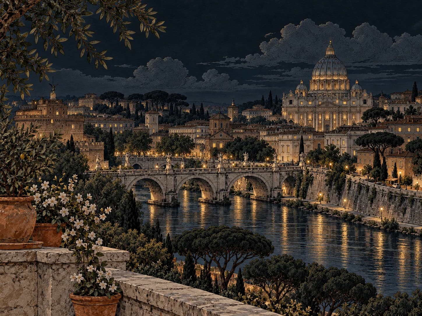 Vintage illustration of St Peter's Basilica, a stone bridge and umbrella pines along Rome's River Tiber.