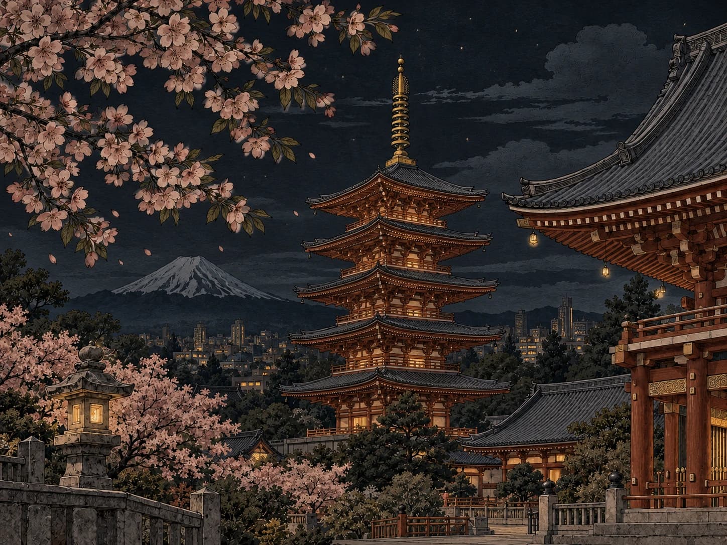 Vintage illustration of a five-tier Japanese pagoda and temple roofs framed by cherry blossoms in Tokyo.