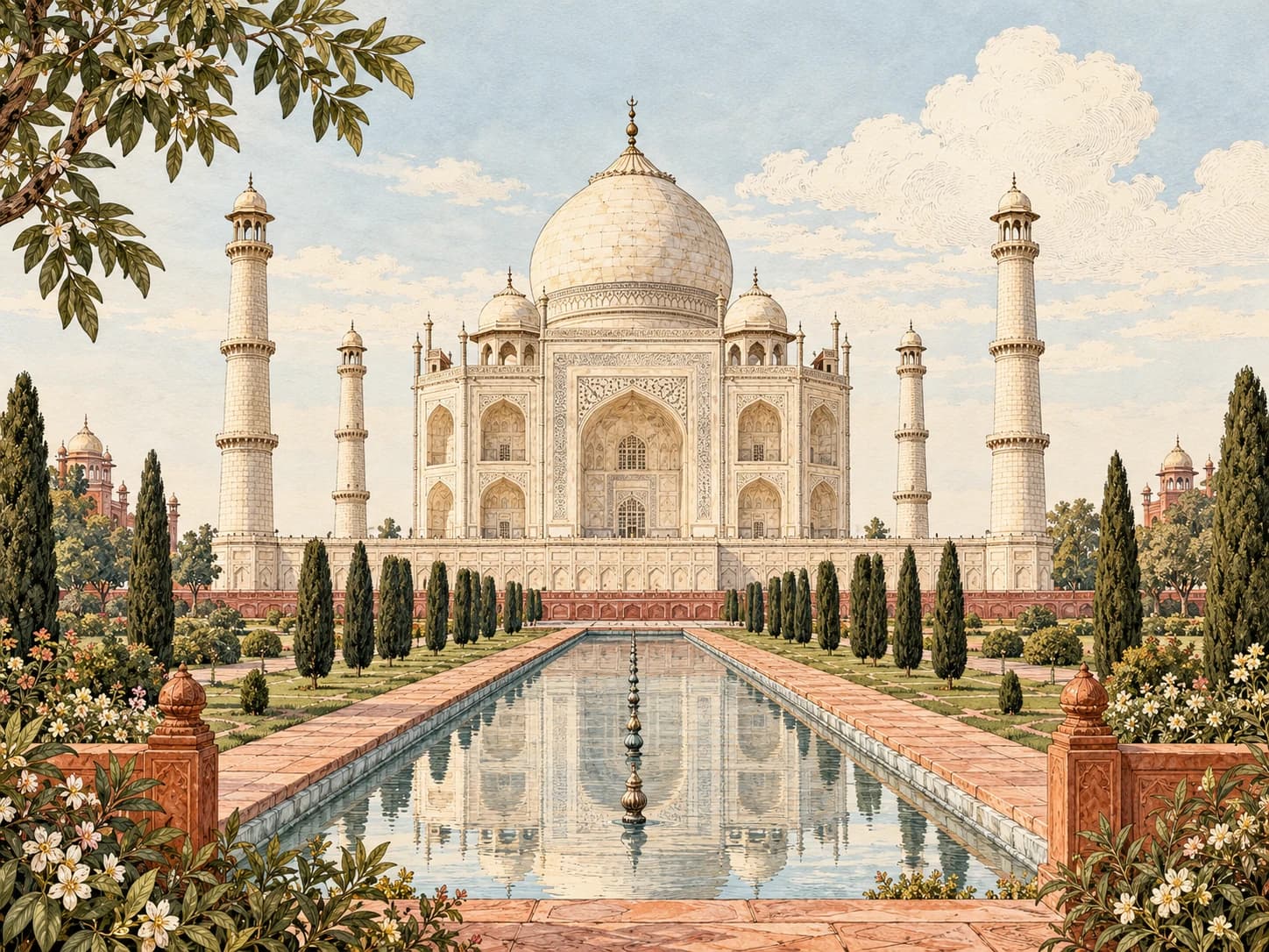 Vintage illustration of the Taj Mahal in Agra with its minarets, cypress gardens and reflecting pool.