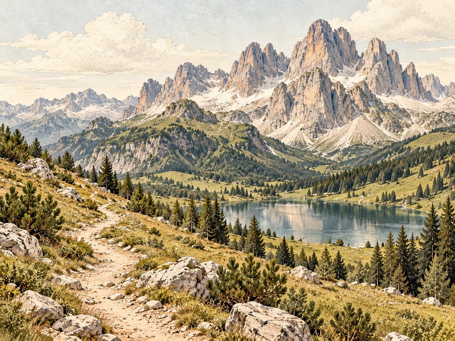 Vintage illustration of jagged alpine peaks, a mountain lake and a winding trail through pine-covered hills.