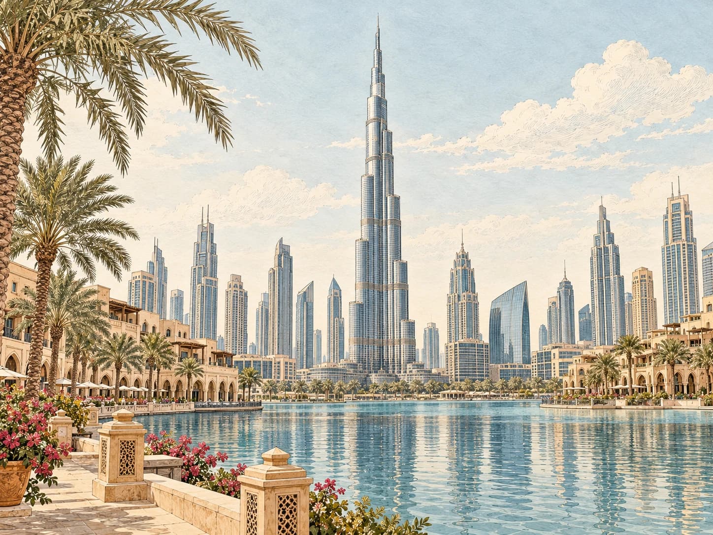 Vintage illustration of the Burj Khalifa and Dubai's skyline reflected in a calm waterfront pool.