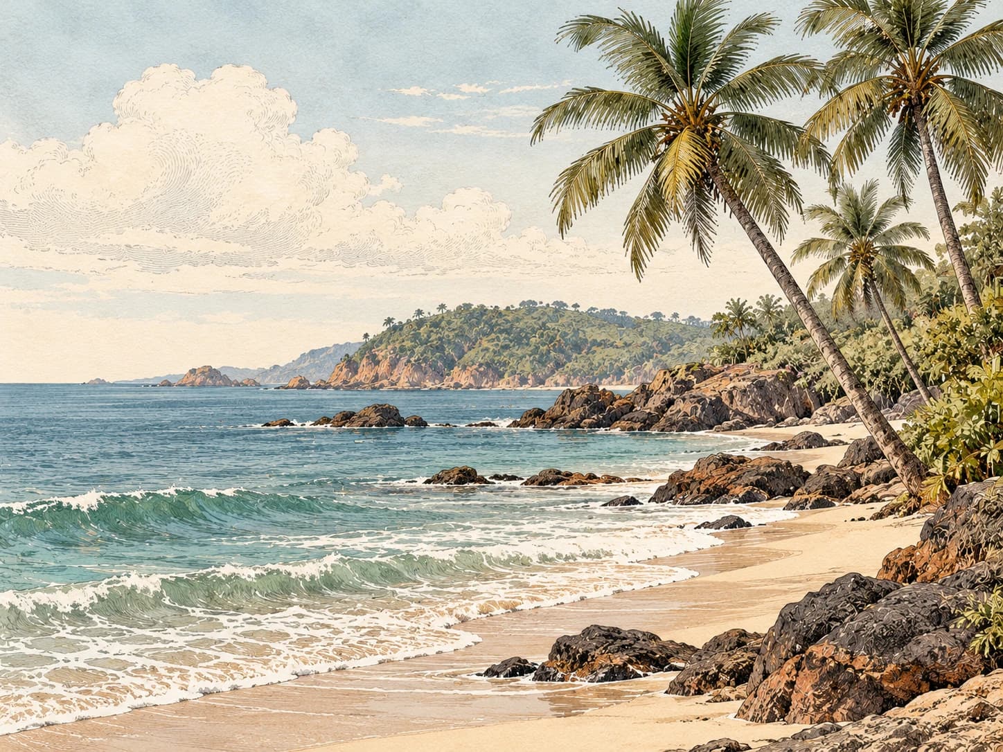 Vintage illustration of a palm-lined Goa beach with gentle waves, coastal rocks and a distant headland.