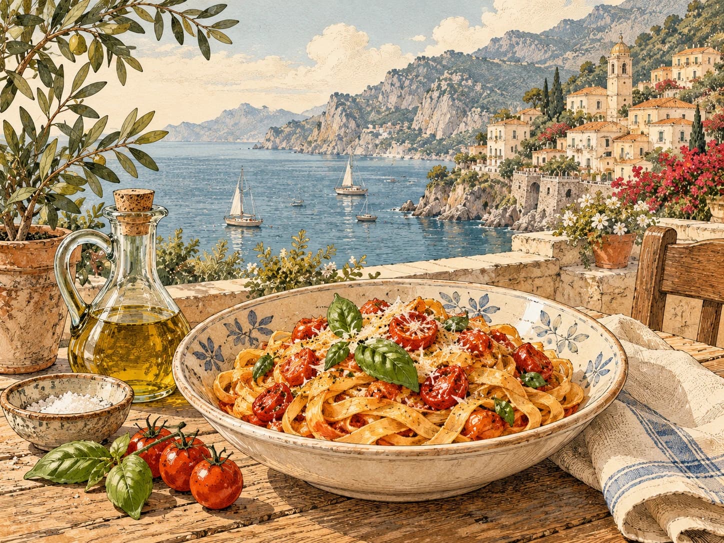 Vintage illustration of tomato and basil tagliatelle on a ceramic plate overlooking an Italian coastal village.