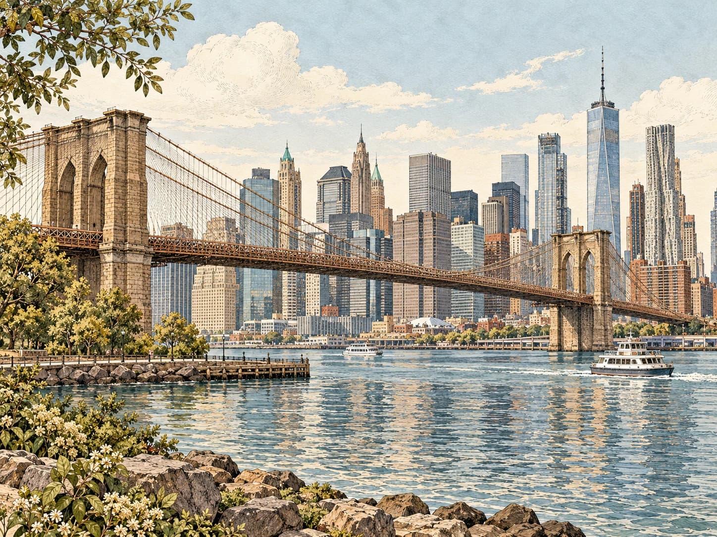 Vintage illustration of Brooklyn Bridge and the Manhattan skyline across New York's East River.
