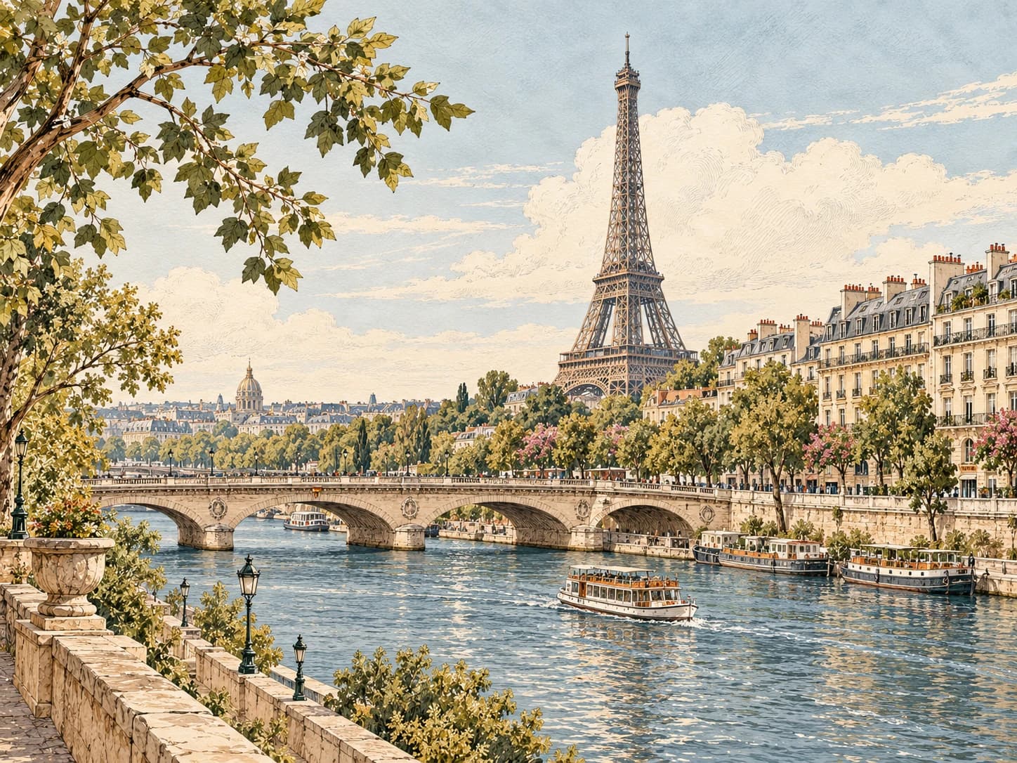 Vintage illustration of the Eiffel Tower, a stone bridge and boats on the River Seine in Paris.