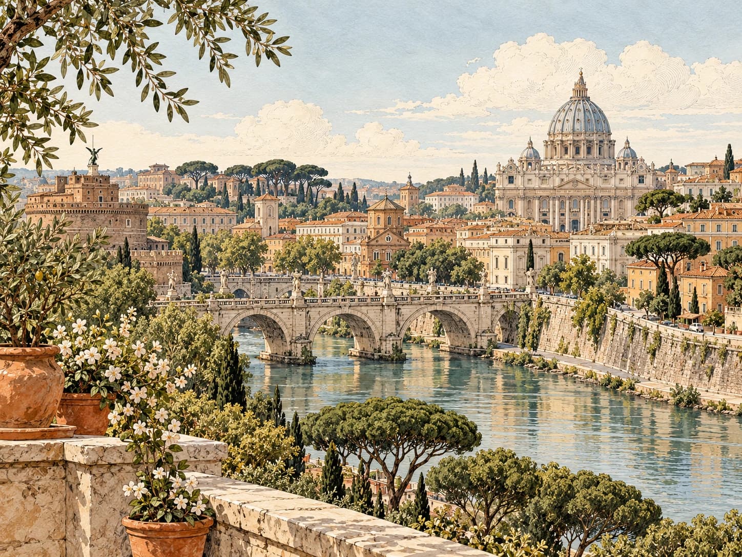 Vintage illustration of St Peter's Basilica, a stone bridge and umbrella pines along Rome's River Tiber.