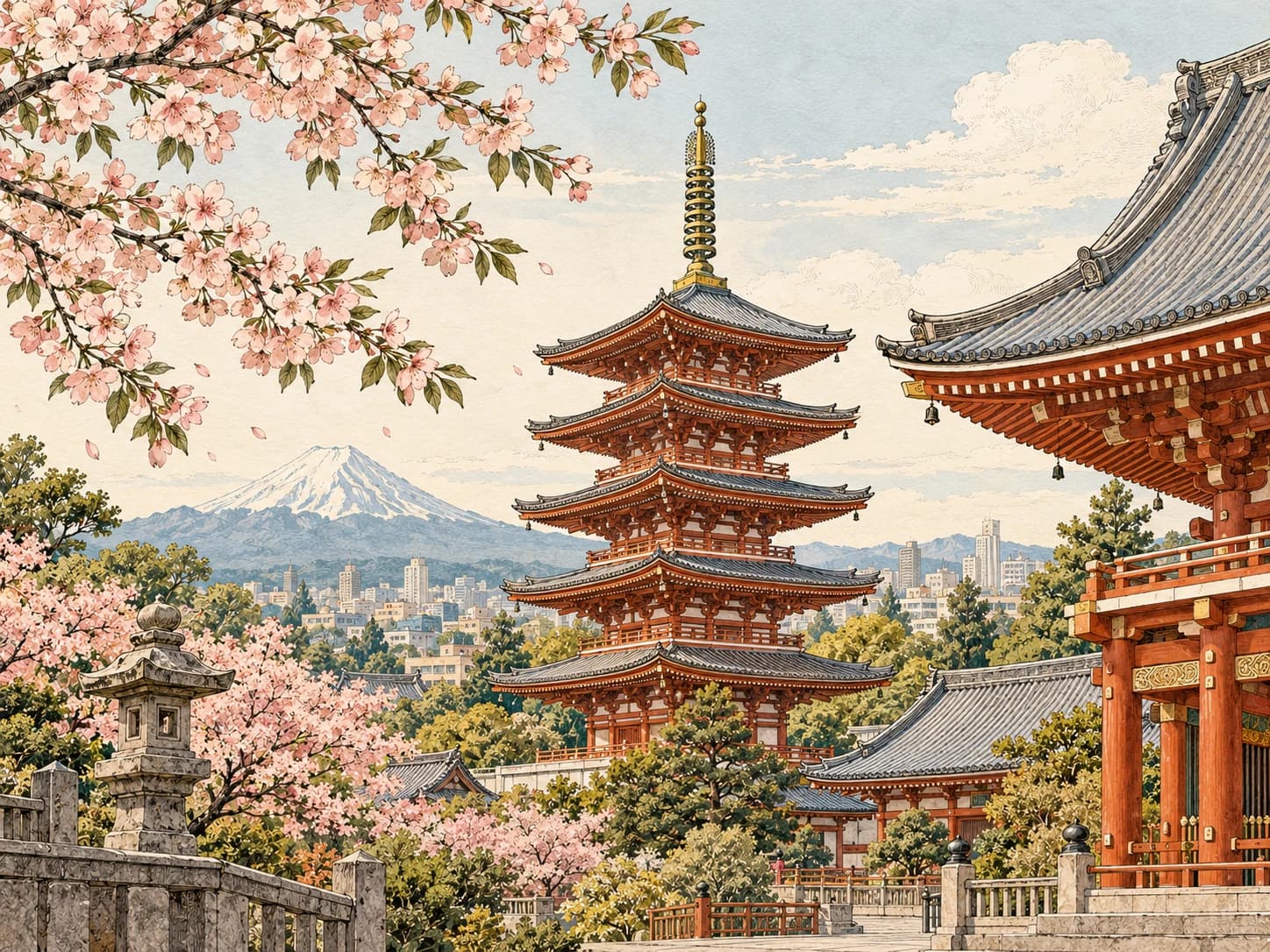 Vintage illustration of a five-tier Japanese pagoda and temple roofs framed by cherry blossoms in Tokyo.