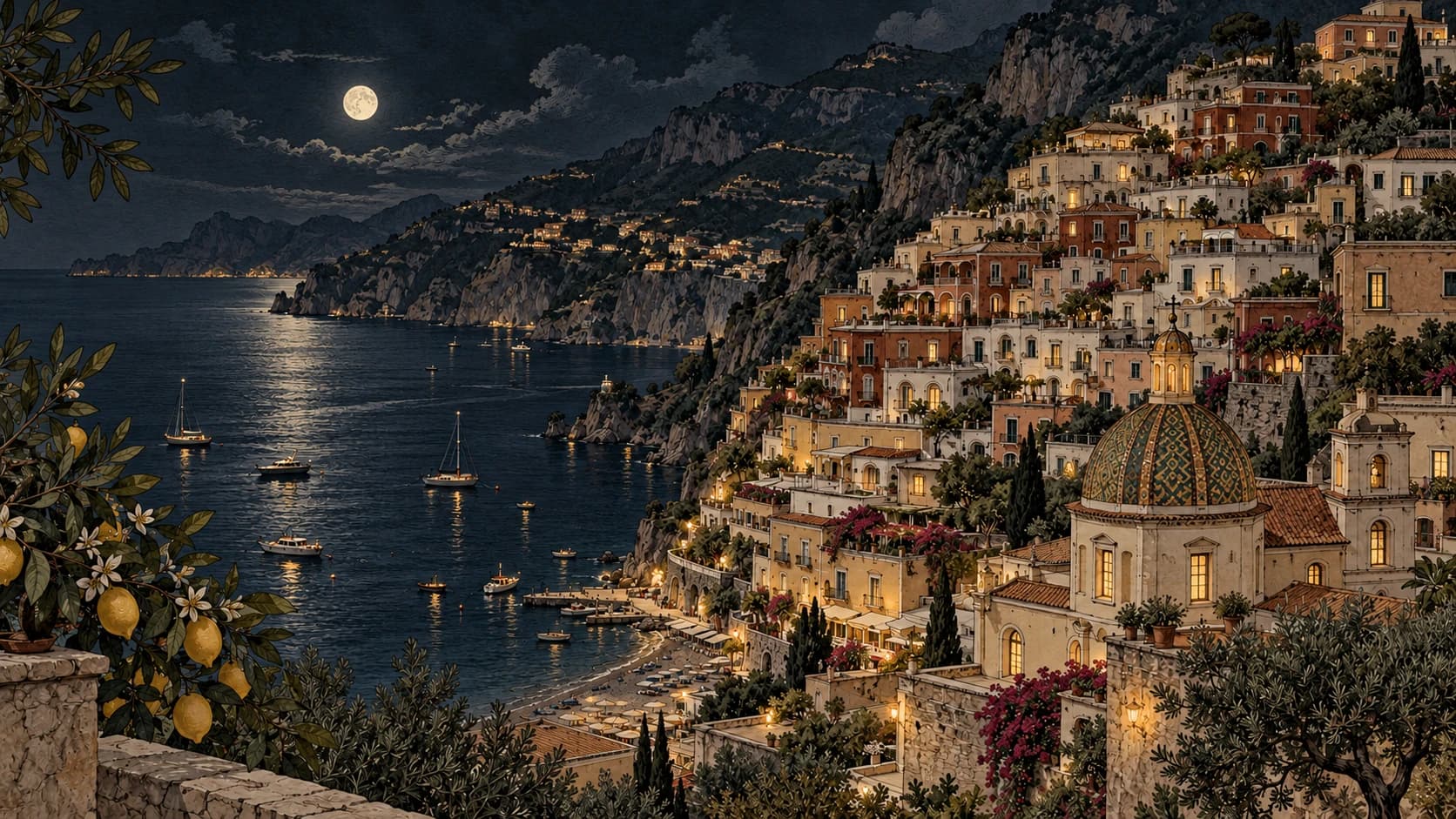 Vintage illustration of Positano's hillside houses, tiled church dome and boats on the Amalfi Coast.