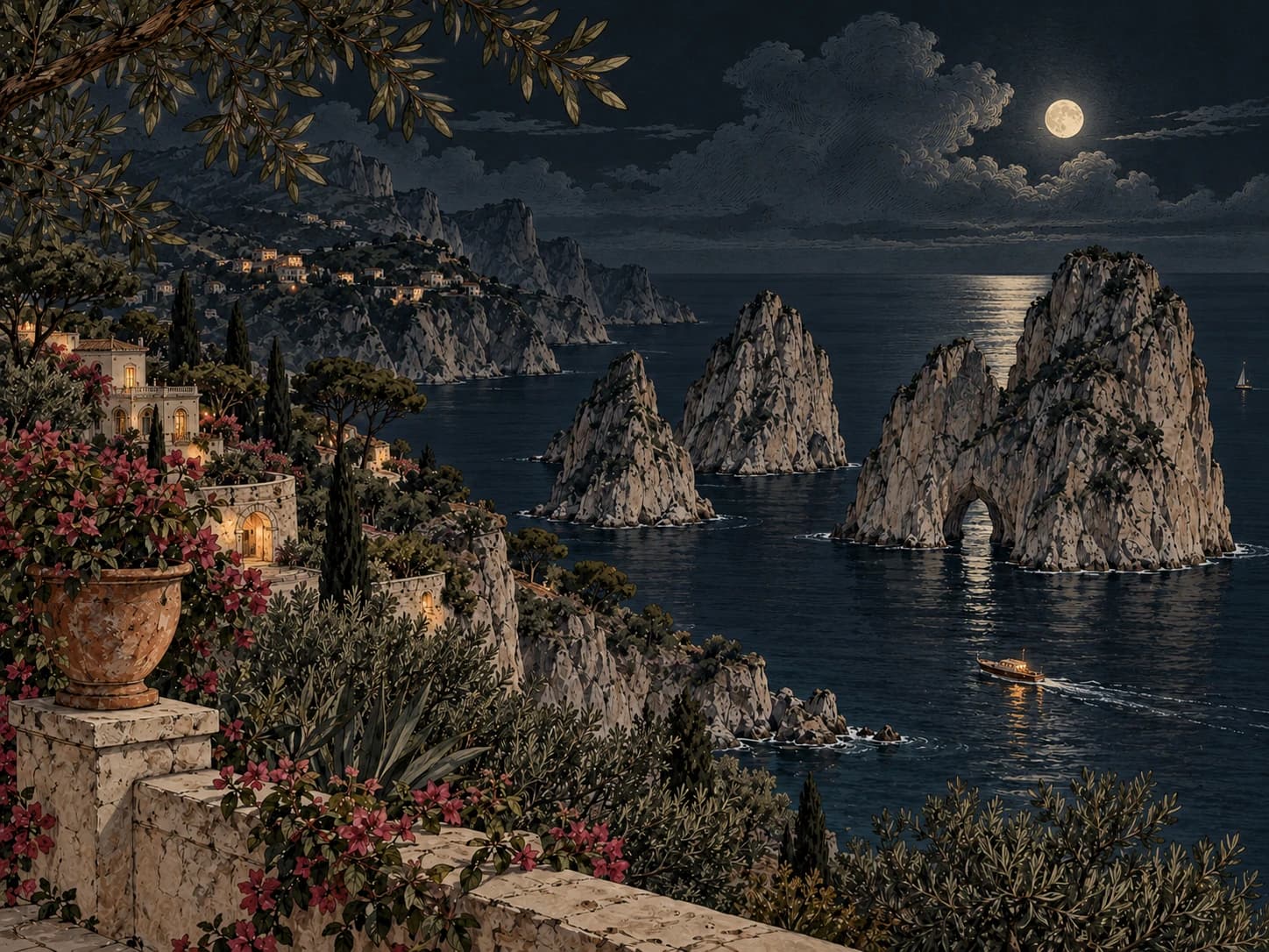 Vintage illustration of Capri's Faraglioni sea stacks, a small boat and a cliffside garden.