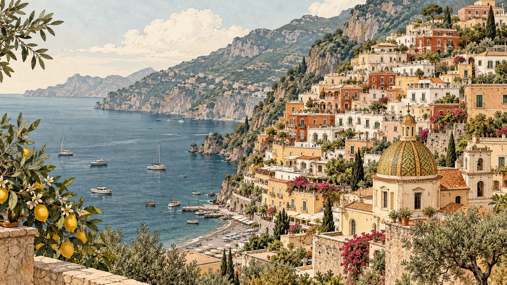 Vintage illustration of Positano's hillside houses, tiled church dome and boats on the Amalfi Coast.