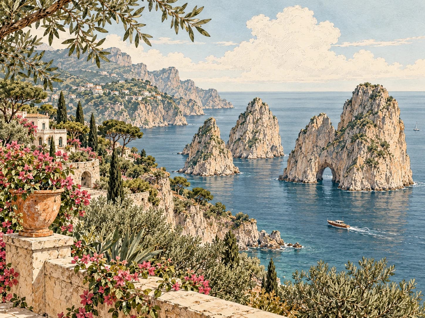 Vintage illustration of Capri's Faraglioni sea stacks, a small boat and a cliffside garden.