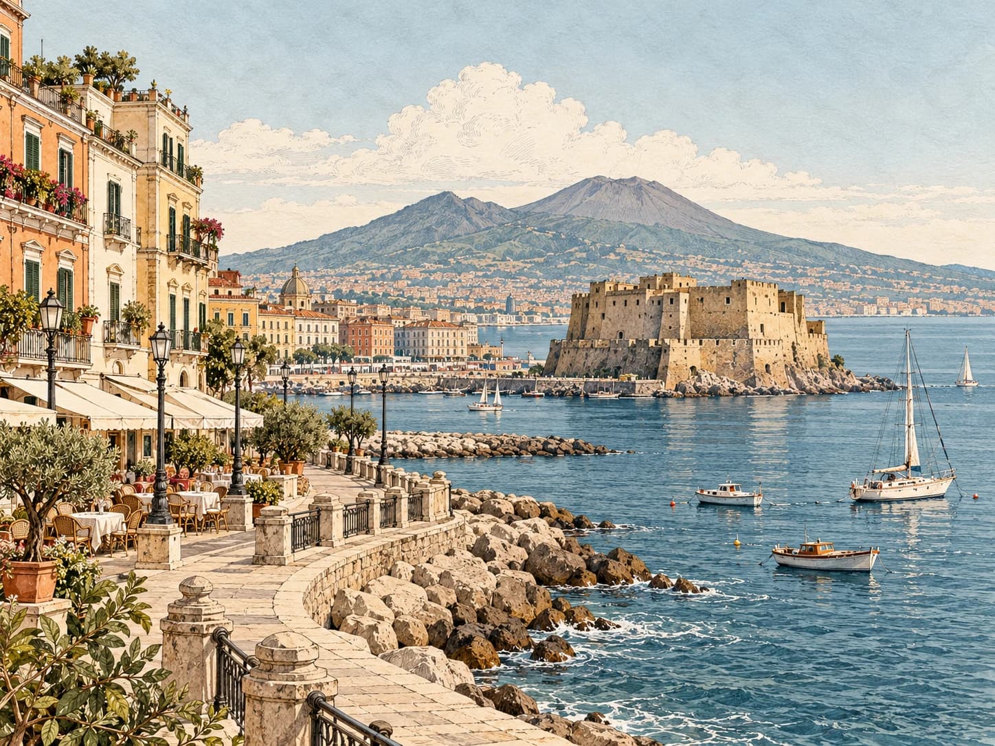 Vintage illustration of Naples' waterfront promenade, Castel dell'Ovo and Mount Vesuvius across the bay.